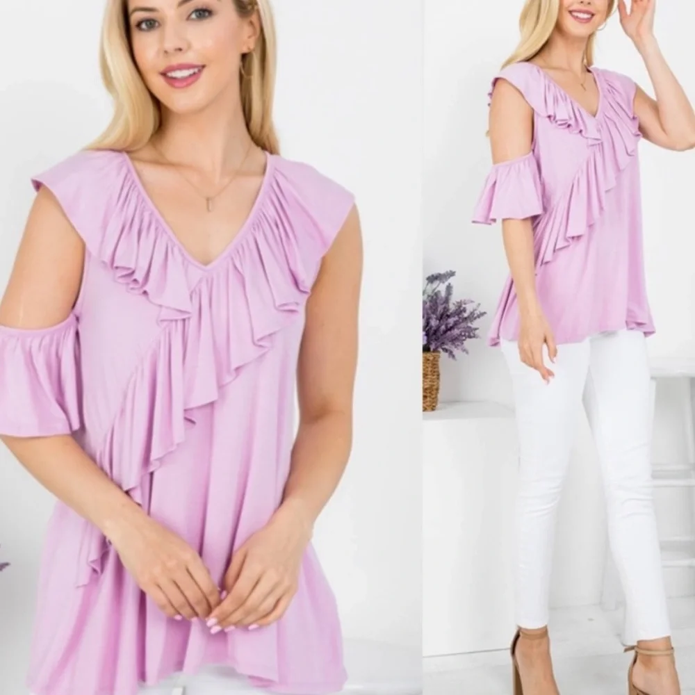 Chic Lilac Ruffle Blouse - Picture 2 of 14